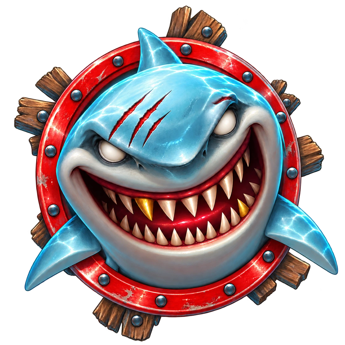 Razor Shark grinning through a red metal porthole